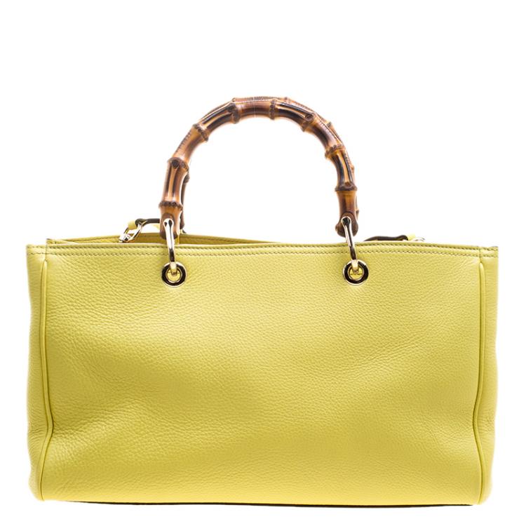 Pre Owned Gucci Yellow Leather Bamboo Top Handle Shopper Tote