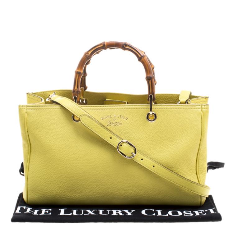 Pre Owned Gucci Yellow Leather Bamboo Top Handle Shopper Tote