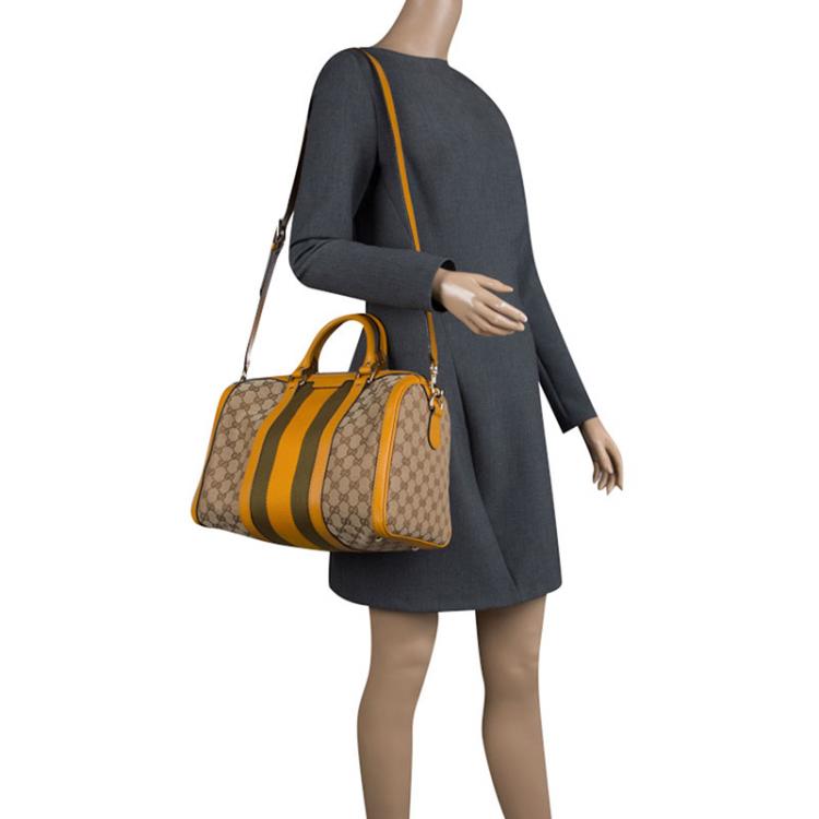 Pre Owned Gucci Beige/Tan GG Canvas Medium Vintage Web Boston Bag