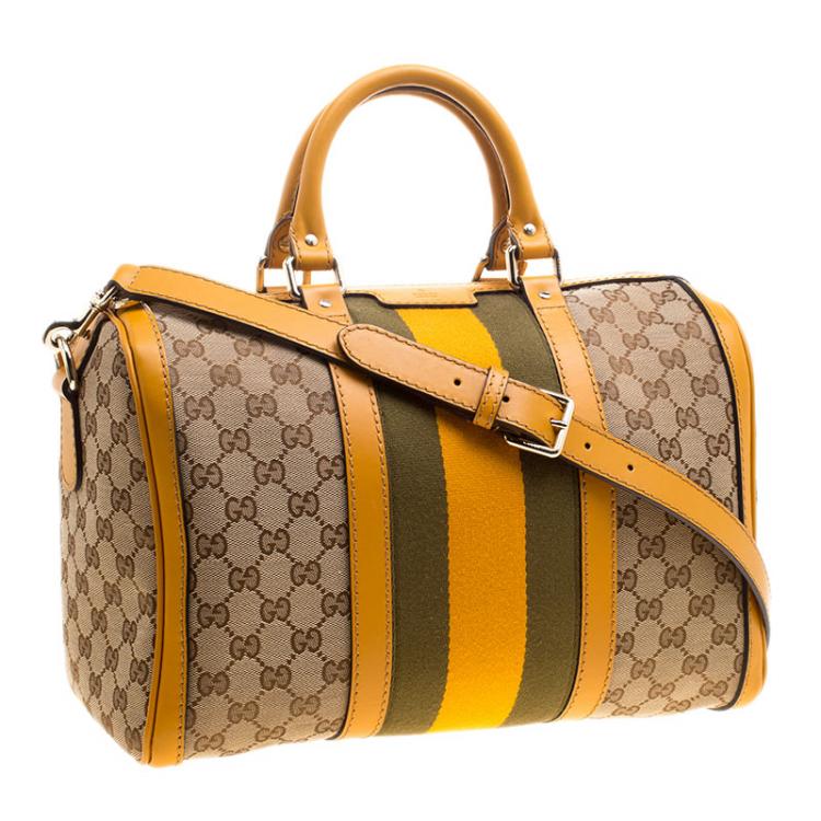 Pre Owned Gucci Beige/Tan GG Canvas Medium Vintage Web Boston Bag