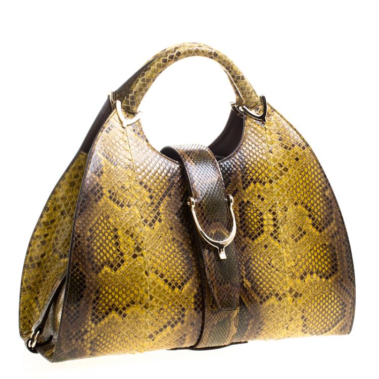 Pre Owned Gucci Yellow/Brown Python Top Handle Bag