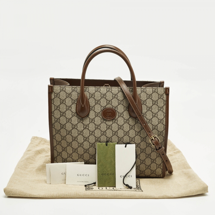 Pre Owned Gucci Interlocking G Beige/Brown GG Supreme Canvas and Leather Tote