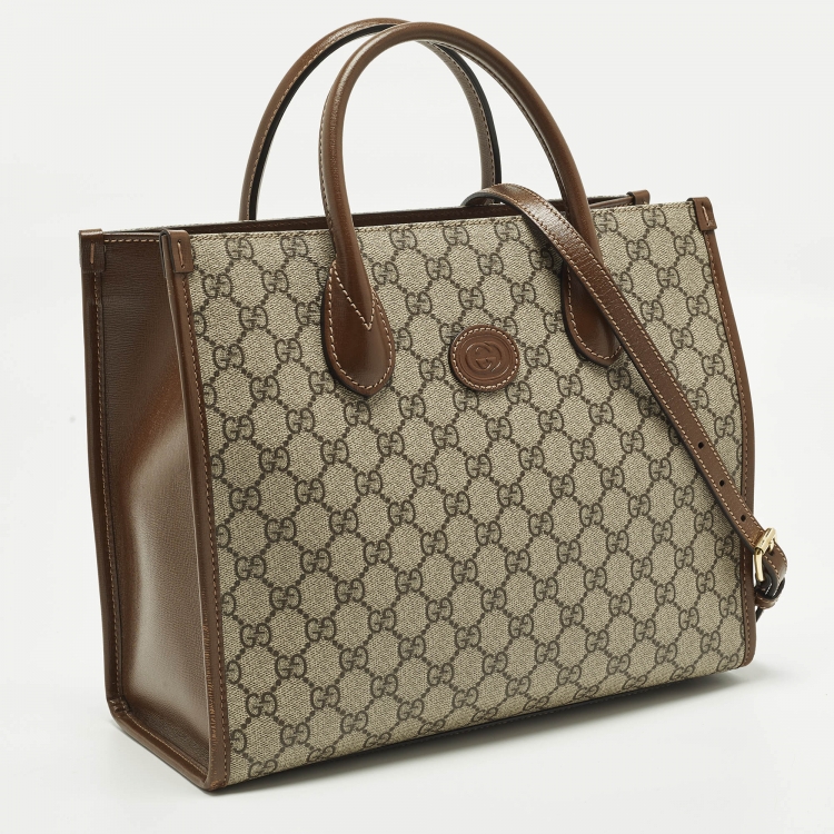 Pre Owned Gucci Interlocking G Beige/Brown GG Supreme Canvas and Leather Tote