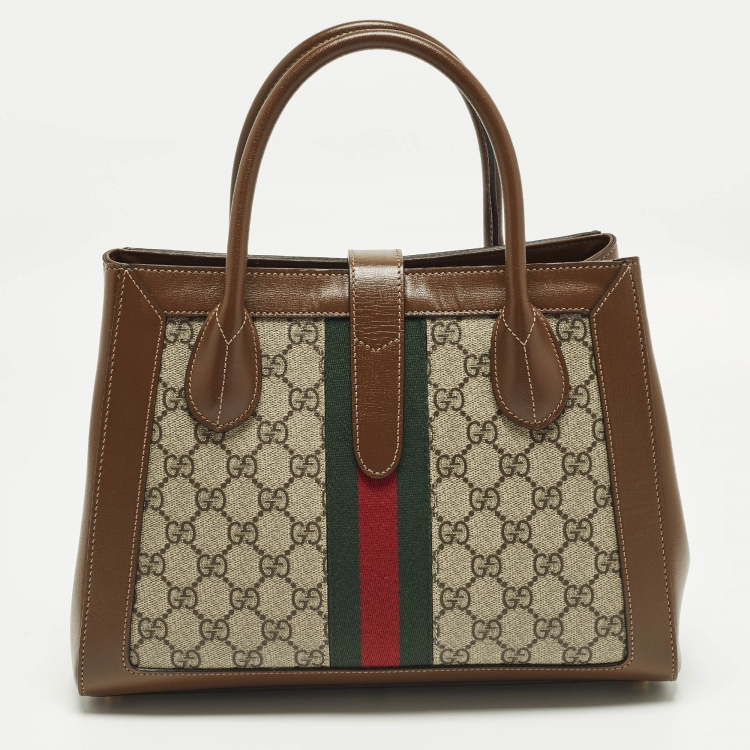 Pre Owned Gucci Jackie 1961 Medium Beige/Brown GG Supreme Canvas and Leather Tote