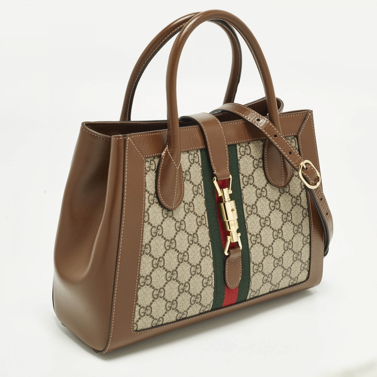 Pre Owned Gucci Jackie 1961 Medium Beige/Brown GG Supreme Canvas and Leather Tote