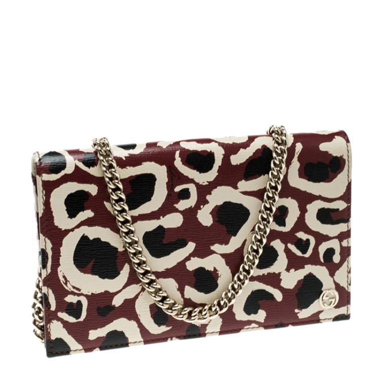 Pre Owned Gucci Brown Leopard Print Leather Wallet On Chain