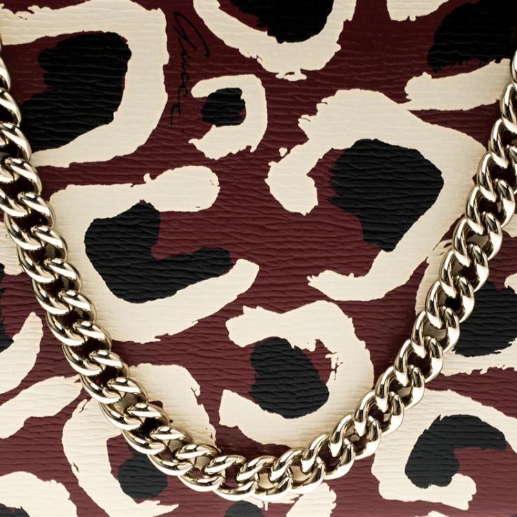 Pre Owned Gucci Brown Leopard Print Leather Wallet On Chain