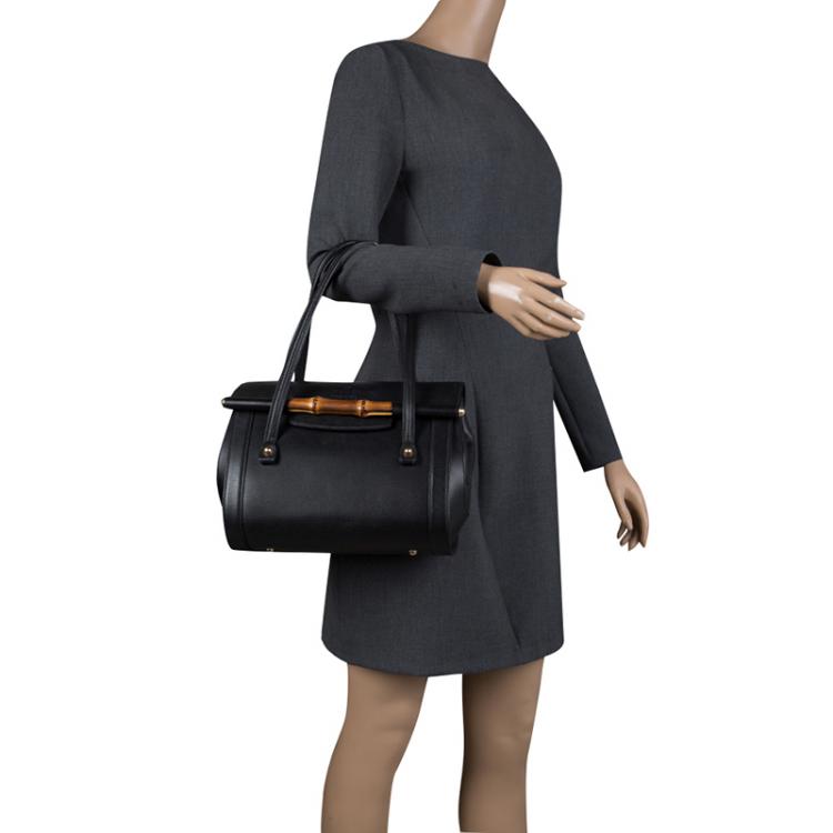 Pre Owned Gucci Black Leather Small Bamboo Top Handle Bag