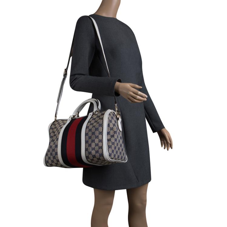 مملوكة مسبقًا Gucci White/Blue GG Canvas Medium Vintage Web Boston Bag