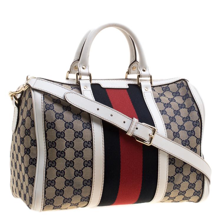 مملوكة مسبقًا Gucci White/Blue GG Canvas Medium Vintage Web Boston Bag