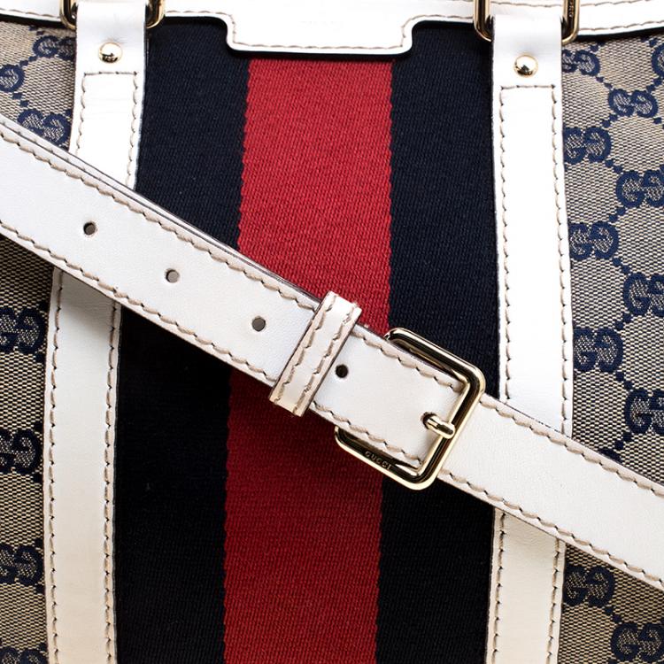 مملوكة مسبقًا Gucci White/Blue GG Canvas Medium Vintage Web Boston Bag