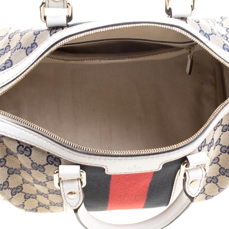 مملوكة مسبقًا Gucci White/Blue GG Canvas Medium Vintage Web Boston Bag