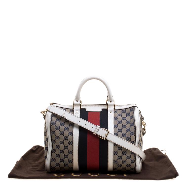 مملوكة مسبقًا Gucci White/Blue GG Canvas Medium Vintage Web Boston Bag