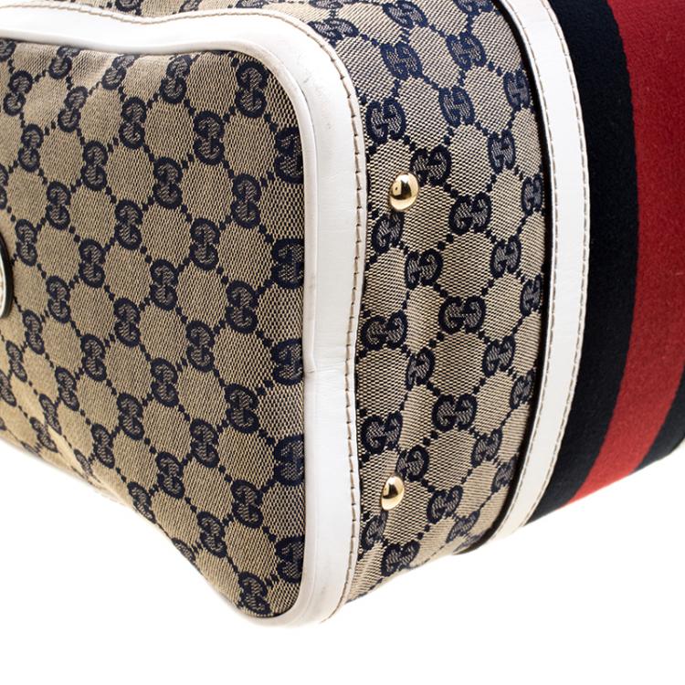مملوكة مسبقًا Gucci White/Blue GG Canvas Medium Vintage Web Boston Bag