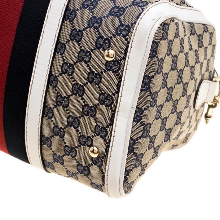 مملوكة مسبقًا Gucci White/Blue GG Canvas Medium Vintage Web Boston Bag