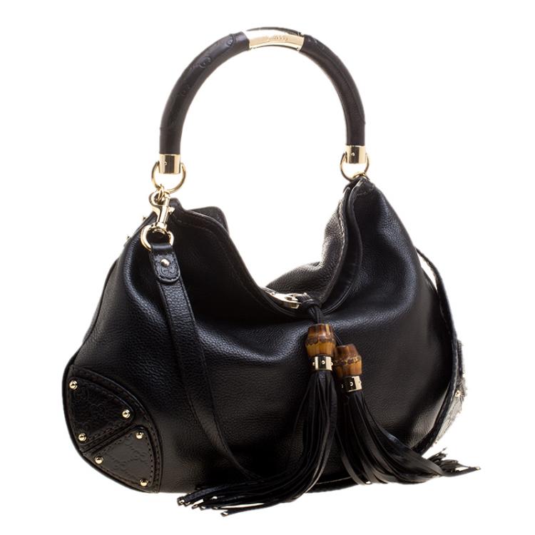 Pre Owned Gucci Black Leather Large Indy Top Handle Bag