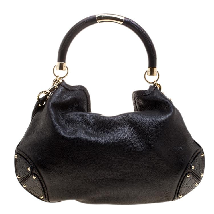 Pre Owned Gucci Black Leather Large Indy Top Handle Bag