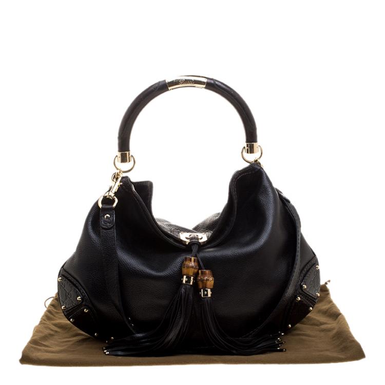 Pre Owned Gucci Black Leather Large Indy Top Handle Bag