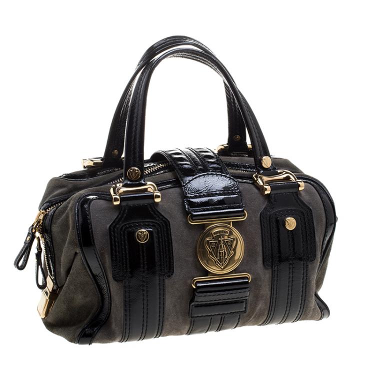 Pre Owned Gucci Black/Khaki Patent Leather and Suede Aviatrix Boston Bag