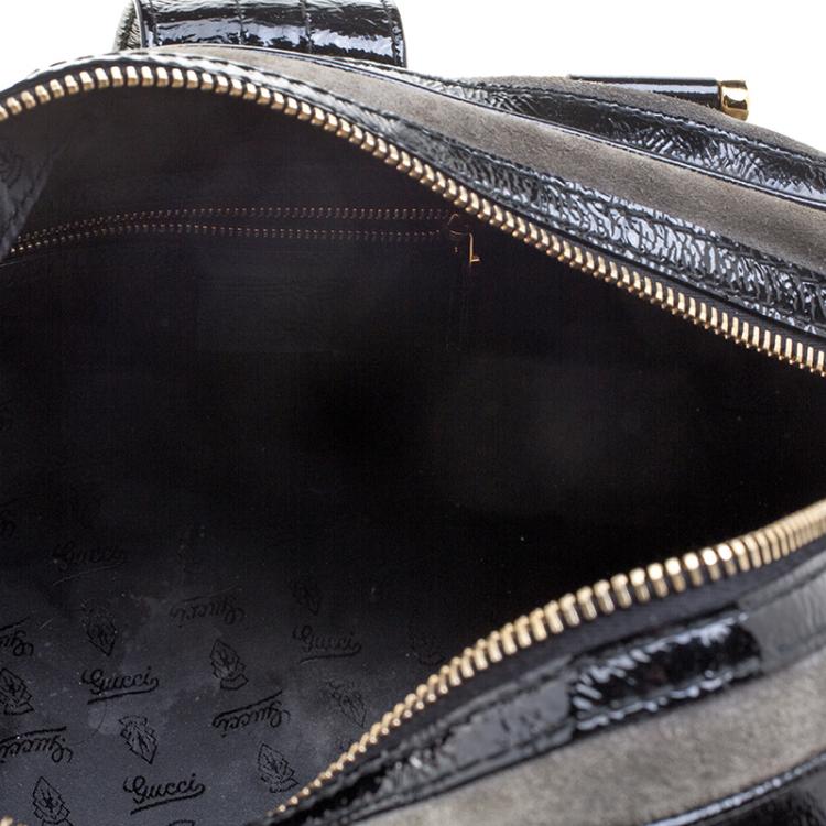 Pre Owned Gucci Black/Khaki Patent Leather and Suede Aviatrix Boston Bag