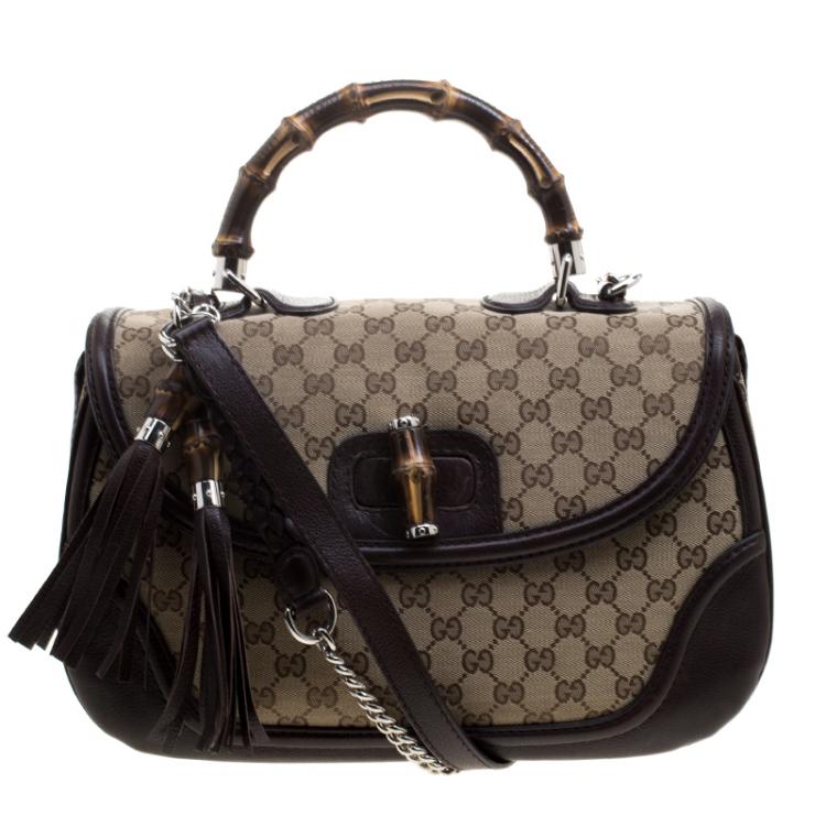 Pre Owned Gucci Brown Canvas Leather Large New Bamboo Tassel Top Handle Bag