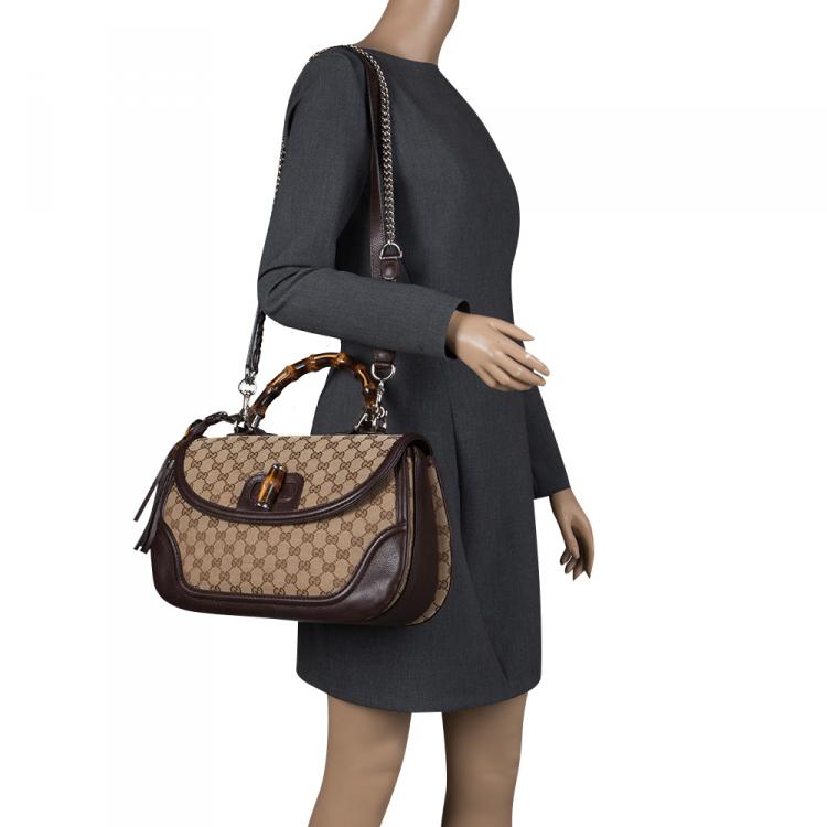 Pre Owned Gucci Brown Canvas Leather Large New Bamboo Tassel Top Handle Bag