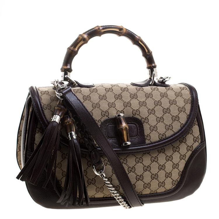 Pre Owned Gucci Brown Canvas Leather Large New Bamboo Tassel Top Handle Bag