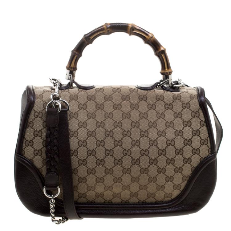 Pre Owned Gucci Brown Canvas Leather Large New Bamboo Tassel Top Handle Bag