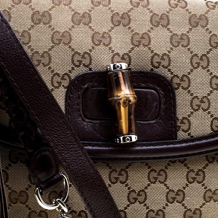 Pre Owned Gucci Brown Canvas Leather Large New Bamboo Tassel Top Handle Bag