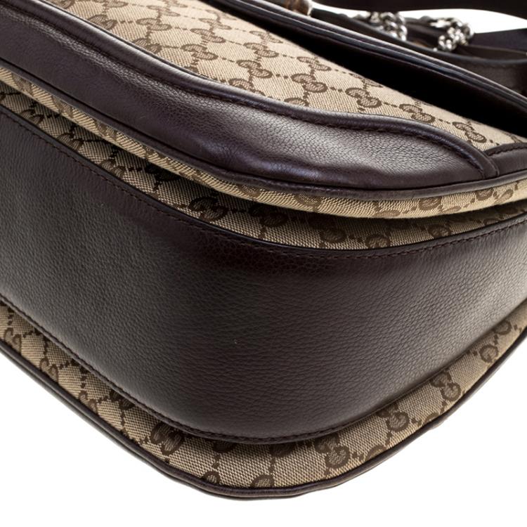Pre Owned Gucci Brown Canvas Leather Large New Bamboo Tassel Top Handle Bag
