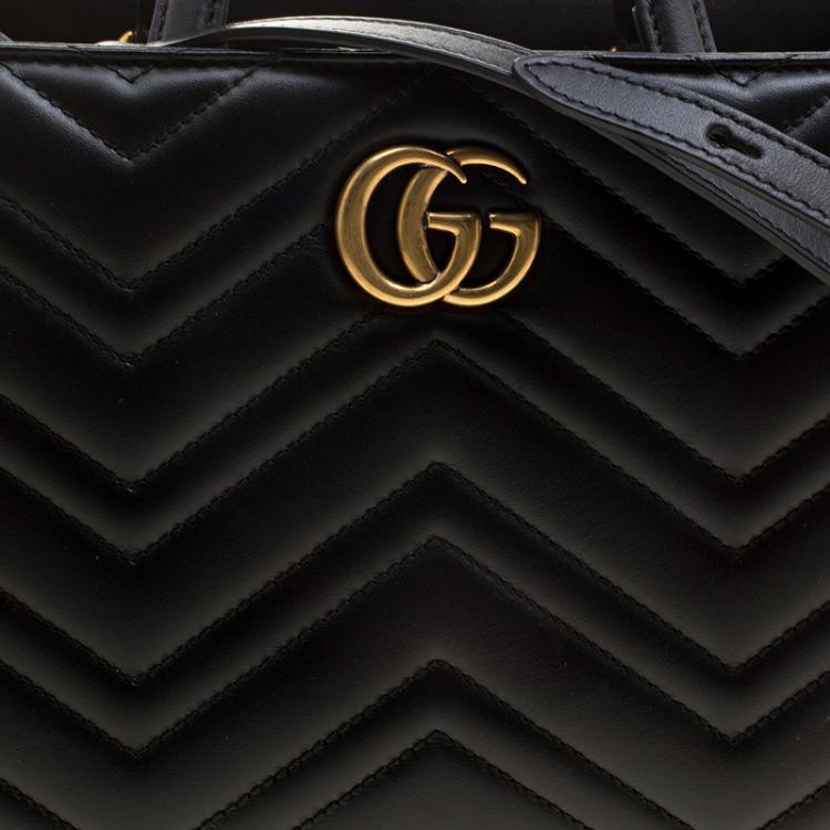 Pre Owned Gucci Black Matelasse Leather Small GG Marmont Top Handle Bag