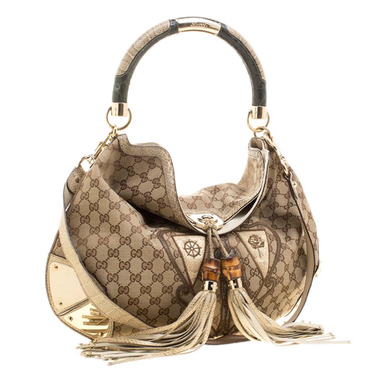 Pre Owned Gucci Beige GG Canvas Limited Edition Crest Patchwork Indy Top Handle Bag