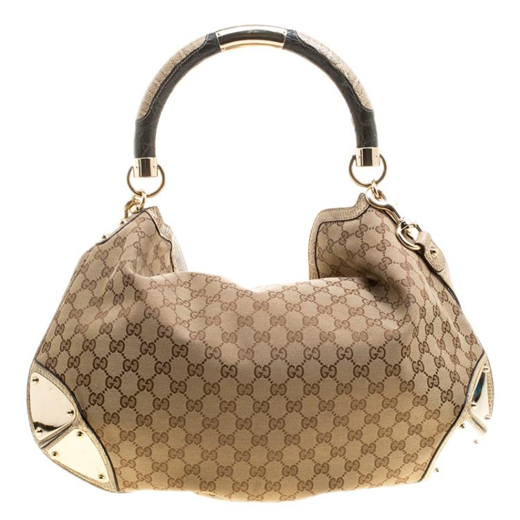 Pre Owned Gucci Beige GG Canvas Limited Edition Crest Patchwork Indy Top Handle Bag