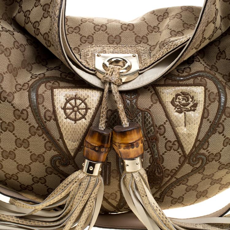 Pre Owned Gucci Beige GG Canvas Limited Edition Crest Patchwork Indy Top Handle Bag