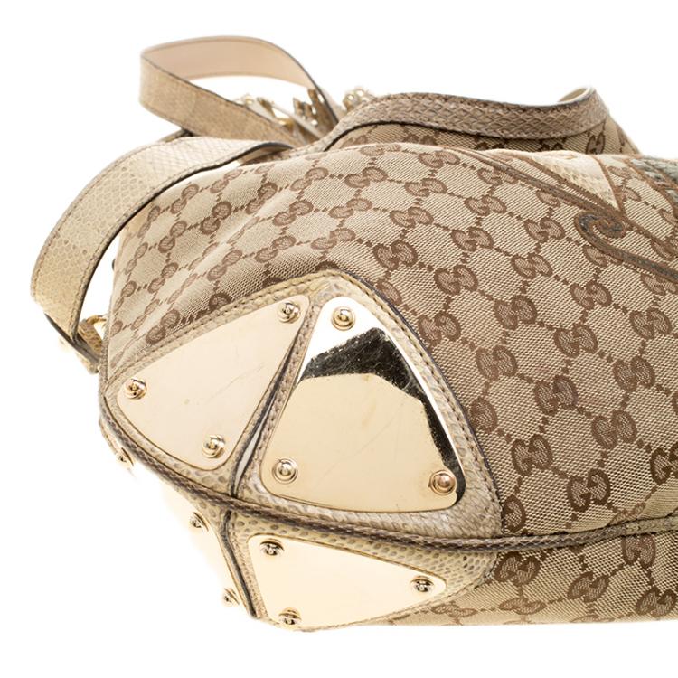 Pre Owned Gucci Beige GG Canvas Limited Edition Crest Patchwork Indy Top Handle Bag