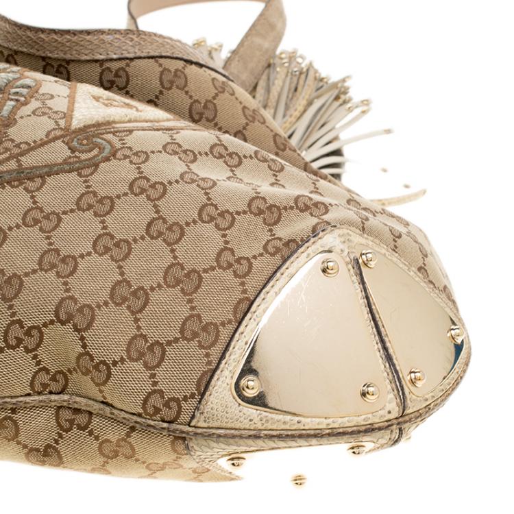 Pre Owned Gucci Beige GG Canvas Limited Edition Crest Patchwork Indy Top Handle Bag