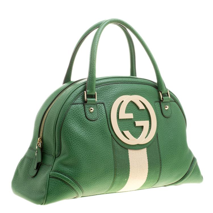 Pre Owned Gucci Green Leather Vintage Web Interlocking GG Bowling Bag