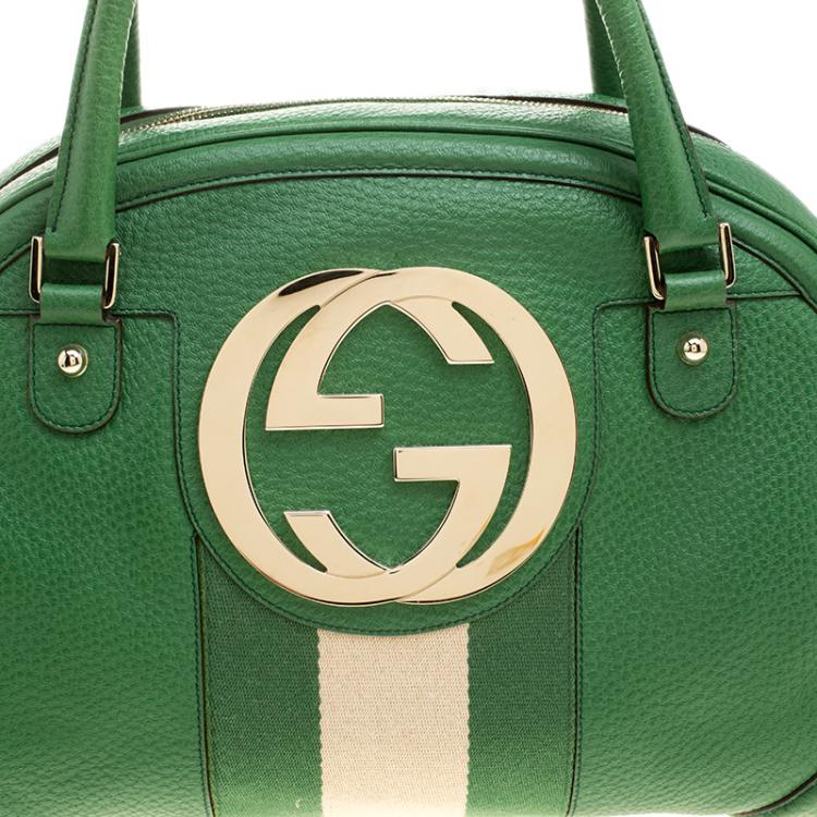 Pre Owned Gucci Green Leather Vintage Web Interlocking GG Bowling Bag
