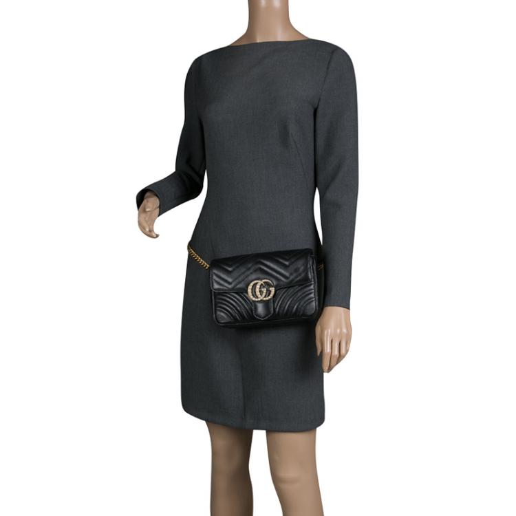 Gucci Black Matelassé Leather Mini Pearl Studded GG Marmont Waist