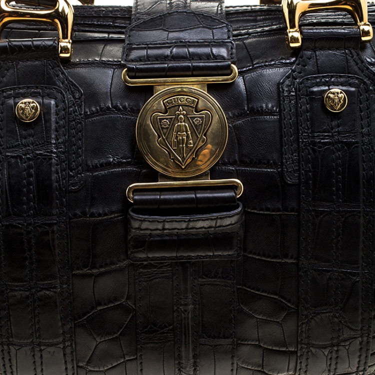 Pre Owned Gucci Black Crocodile Large Aviatrix Satchel