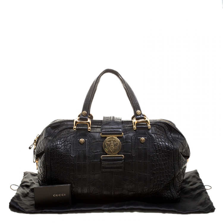 Pre Owned Gucci Black Crocodile Large Aviatrix Satchel