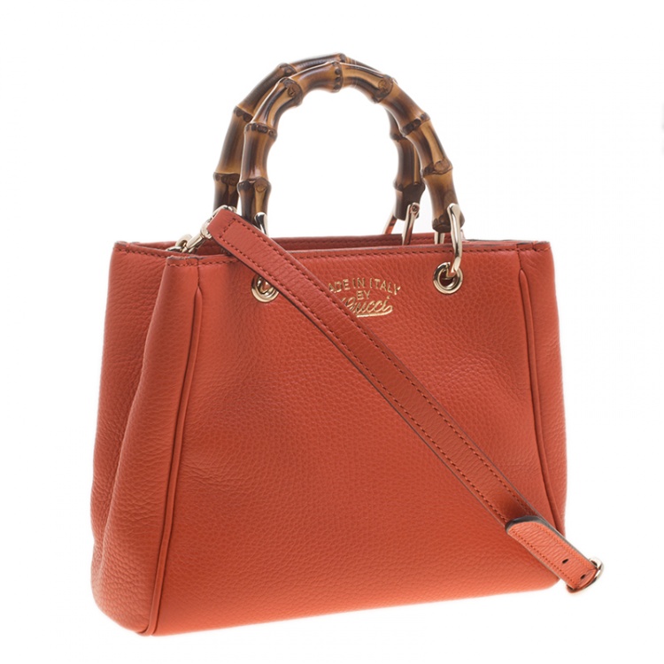 Pre Owned Gucci Orange Leather Bamboo Top Handle Shopper Tote