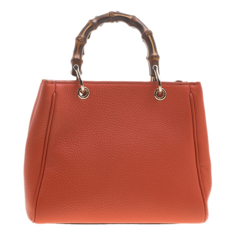Pre Owned Gucci Orange Leather Bamboo Top Handle Shopper Tote