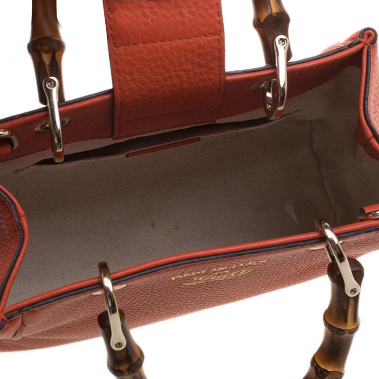 Pre Owned Gucci Orange Leather Bamboo Top Handle Shopper Tote