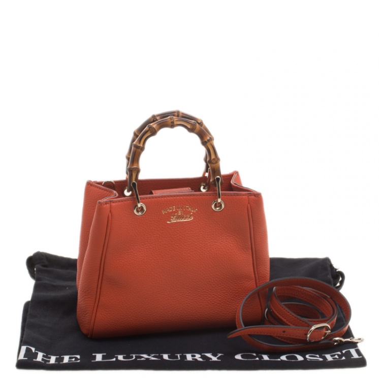 Pre Owned Gucci Orange Leather Bamboo Top Handle Shopper Tote