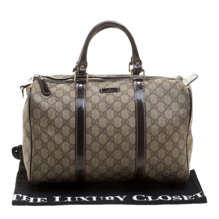 Pre Owned Gucci Beige/Brown GG Supreme Canvas and Leather Medium Joy Boston Bag