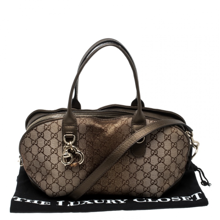 Pre Owned Gucci Beige/Bronze Metallic GG Canvas Heart Bit Top Handle Bag