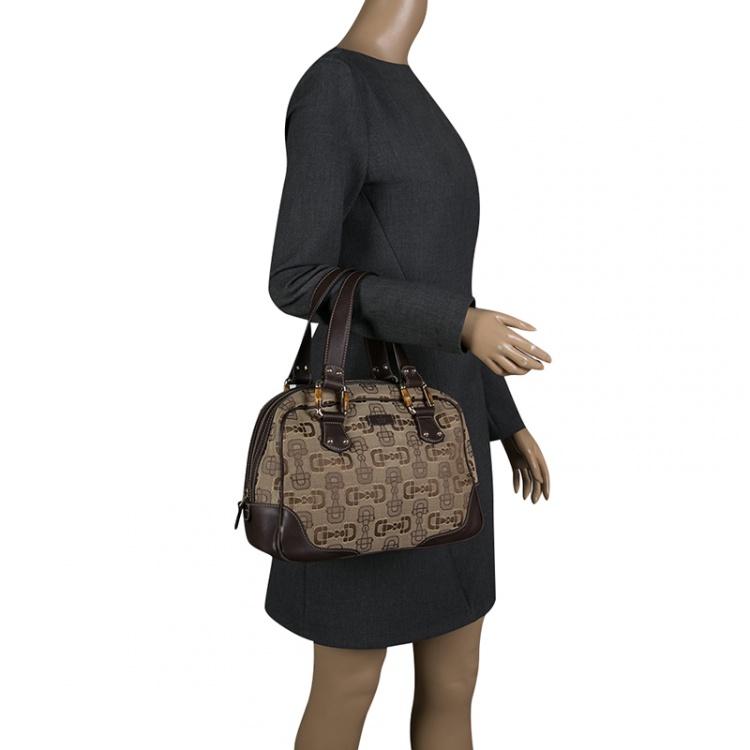 Pre Owned Gucci Beige/Brown Horsebit Canvas and Leather Boston Bag