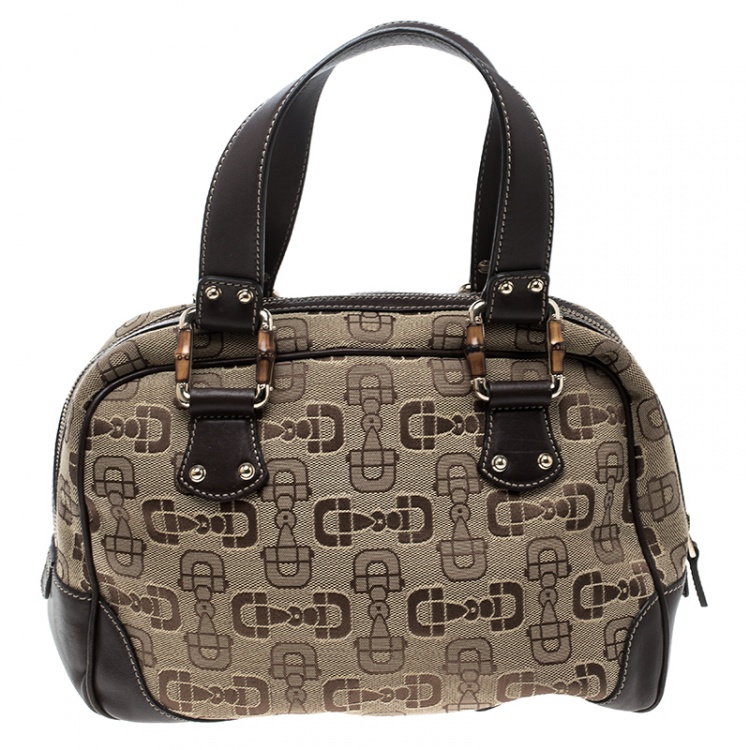 Pre Owned Gucci Beige/Brown Horsebit Canvas and Leather Boston Bag