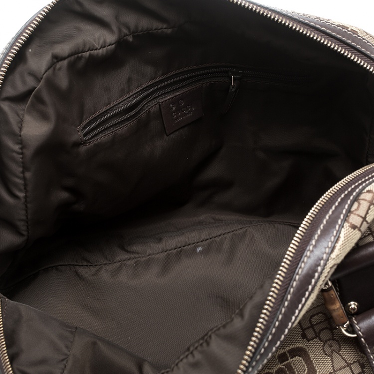 Pre Owned Gucci Beige/Brown Horsebit Canvas and Leather Boston Bag